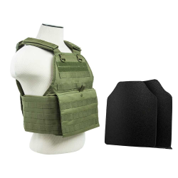 PLATE CARRIER VEST WITH 10"X12' LEVEL IIIA SHOOTERS CUT 2X HARD BALLISTIC PANELS/ GREEN