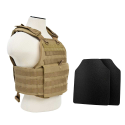 PLATE CARRIER VEST WITH 10"X12' LEVEL IIIA SHOOTERS CUT 2X HARD BALLISTIC PANELS/ TAN