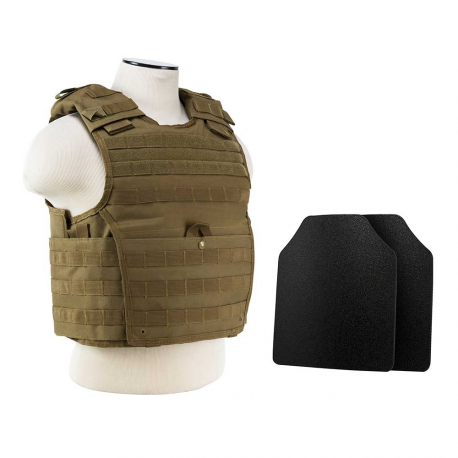 EXPERT PLATE CARRIER WITH 10"X12' LEVEL IIIA SHOOTER'S CUT 2X HARD BALLISTIC PLATES/ TAN